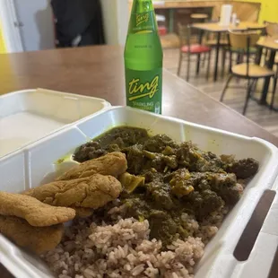 Curry goat with rice &amp; peas, and festival.