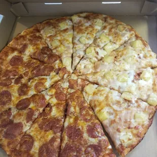 Half pepperoni and half Hawaiian