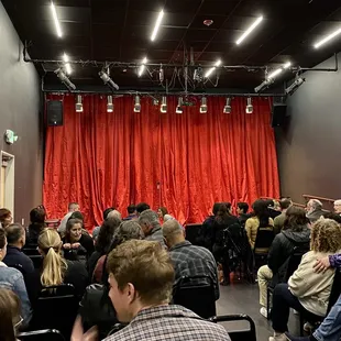 a crowd of people sitting in front of a red curtain