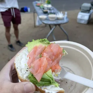 Breakfast was provided the morning of our Cherry Creek rafting trip -- I had a tasty bagel with smoked salmon, avocado, &amp; onions