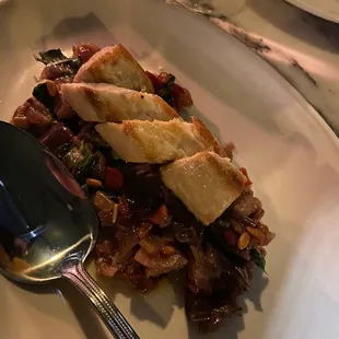 Swordfish over eggplant caponata and pine nuts