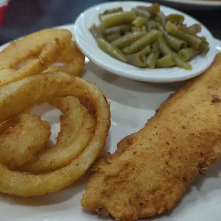 Salt and Pepper catfish, onion rings, green beans