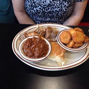 Coarse chopped BBQ, baked beans, squash