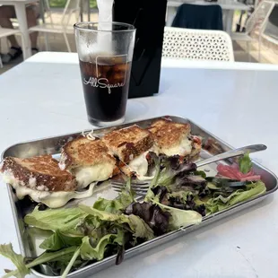Veggie grilled cheese and Diet Coke; out door patio.