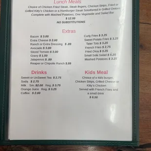 Lunch meals, extras, drinks