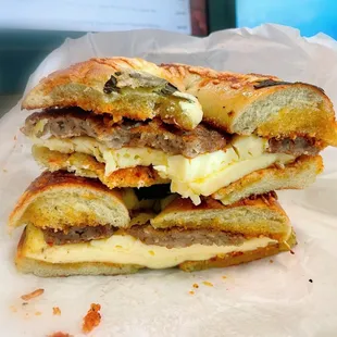 #16 sausage, egg, sun dried tomatoes, pesto on a bagel of your choice (or what's available). So good!!!