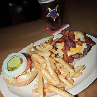 a plate of food and a drink