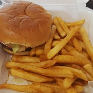 a hamburger and french fries