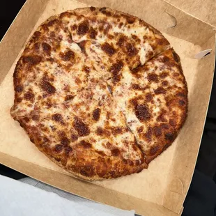 a cheese pizza in a box
