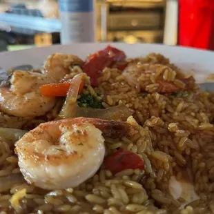 Shrimp and a LOT of rice swimming in Teriyaki.