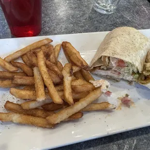 Blackened chicken sandwich "wrap" and fries