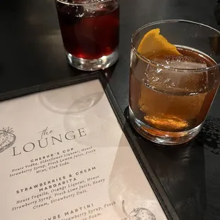 Seasonal cocktail menu and Manhattan (top) with Old Fashioned.