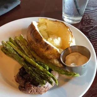1/2 a filet, asparagus, and a baked potato
