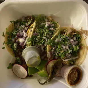 Street tacos- carnitas and chorizo