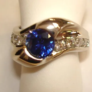 White gold custom Blue Sapphire and Diamond ring