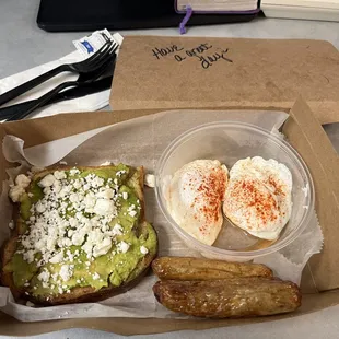 Avocado bread with poached egg minus bacon added turkey sausage