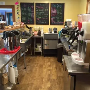 We have all kinds of coffee and espresso drinks, slushies and smoothies.  Have one of our cinnamon rolls, Danish, muffins, or bagels as well