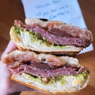 T &amp; Bree Sandwich: Prosciutto, salami, Brie, pickled golden raisins, fig chimichurri on ciabatta panini-style