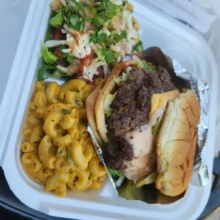 Fav box is 1 main and 2 side dishes. This is smash burger, mac and cheese, and side salad.