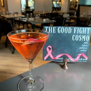 Showing our support for The Good Fight with a cosmo!  Come in anytime during October and help save the ta-ta&apos;s!