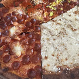 Bottom left to right - classic pepperoni, spicy margherita, pep &amp; pepp, and cacio e pepe
