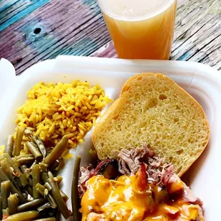 a plate of food and a drink