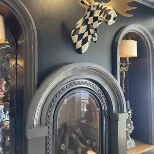 a fireplace in a restaurant