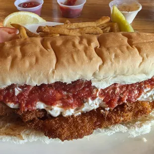 Fish Sandwich with Cocktail Sauce and Tartar sauce