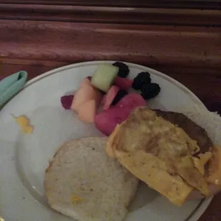 The egg, cheese  and sausage sandwich looked disgusting.  I threw it out. The fruit salad was delicious.