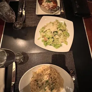 Eggplant Parmigiana, Caesar Salad, build your own pasta