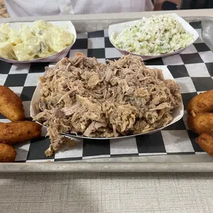 BBQ plate, hush puppies and cole slaw