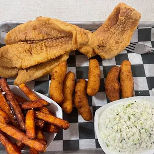 Catfish, hush puppies and sweet potato fries.