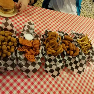 Try them all! Fried okra, hush puppies, sweet potato fries, regular fries, and onion rings!!