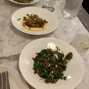 Grilled Calamari, meatballs on polenta, amazing kale salad