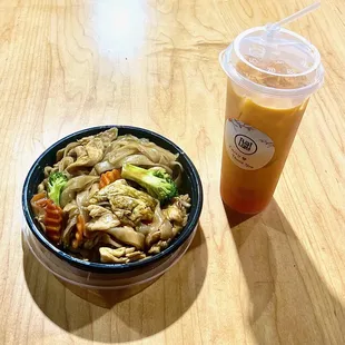 L to R: Pad See Ew with Chicken, Thai Iced Tea