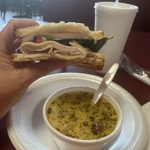 1/2 turkey, brie, peaches, spinach &amp; honey sandwich with cup of cauliflower chowder