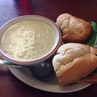 Turkey BLT with broccoli and cheese soup.