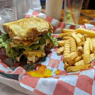 Cat burger. Runny Egg. Cheddar cheese. On Tejas toast.