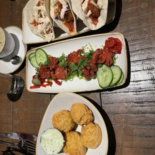 Cheddar Biscuits, baby octopus salad, fish tacos