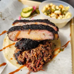 Two meat combo......Ribs and Brisket and a side Green Chile Mac n Cheese.