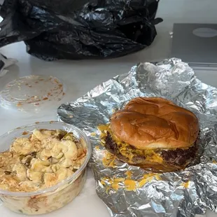 Burger and mac and cheese
