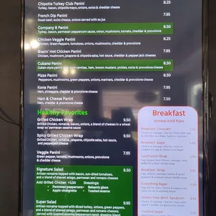 the menu for the cafe