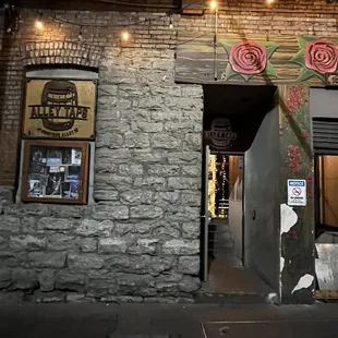 the entrance to a restaurant