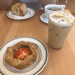 Top: Scallion Cheddar Biscuit and a Jasmine Tea Bottom: Tomato Pesto and Goat Cheese Pastry and and a Tonka Bean Iced Latte
