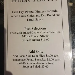 Fish fry menu as of 2/2/2024