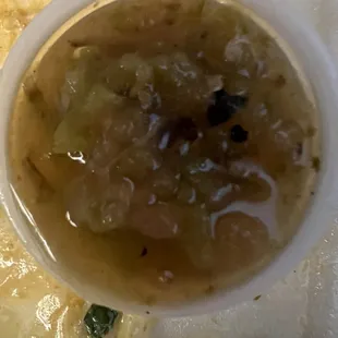 Mild and chunky Salsa Verde, for tacos to-go.