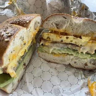 The best egg and cheese sandwich on the planet: on a za&apos;atar bagel with added latke and avocado!