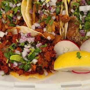 2 pastor, one carnitas, one chorizo.