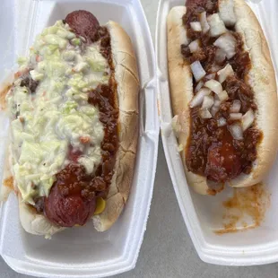 Hot dogs-  Chili, mustard, and slaw (left) Chili, mustard, onions (right)