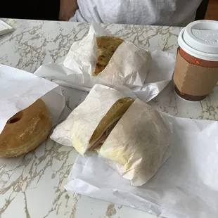 Turkey cheese croissant, donut, coffee